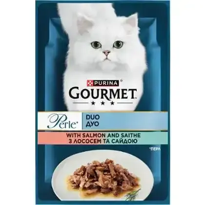 Вологий корм Gourmet Perle Duo для дорослих котів міні філе у підливці з лососем та сайдою 85 г