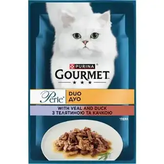 Вологий корм Gourmet Perle Duo для дорослих котів міні філе у підливці з телятиною та качкою 85 г