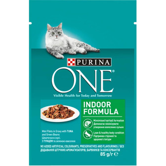 Корм для котів вологий 85 г. One Indoor Formula Шматочки в соусі з тунцем і зеленою квасолею