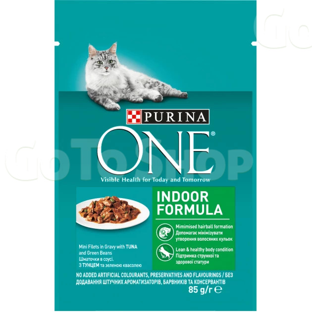 Корм для котів вологий 85 г. One Indoor Formula Шматочки в соусі з тунцем і зеленою квасолею