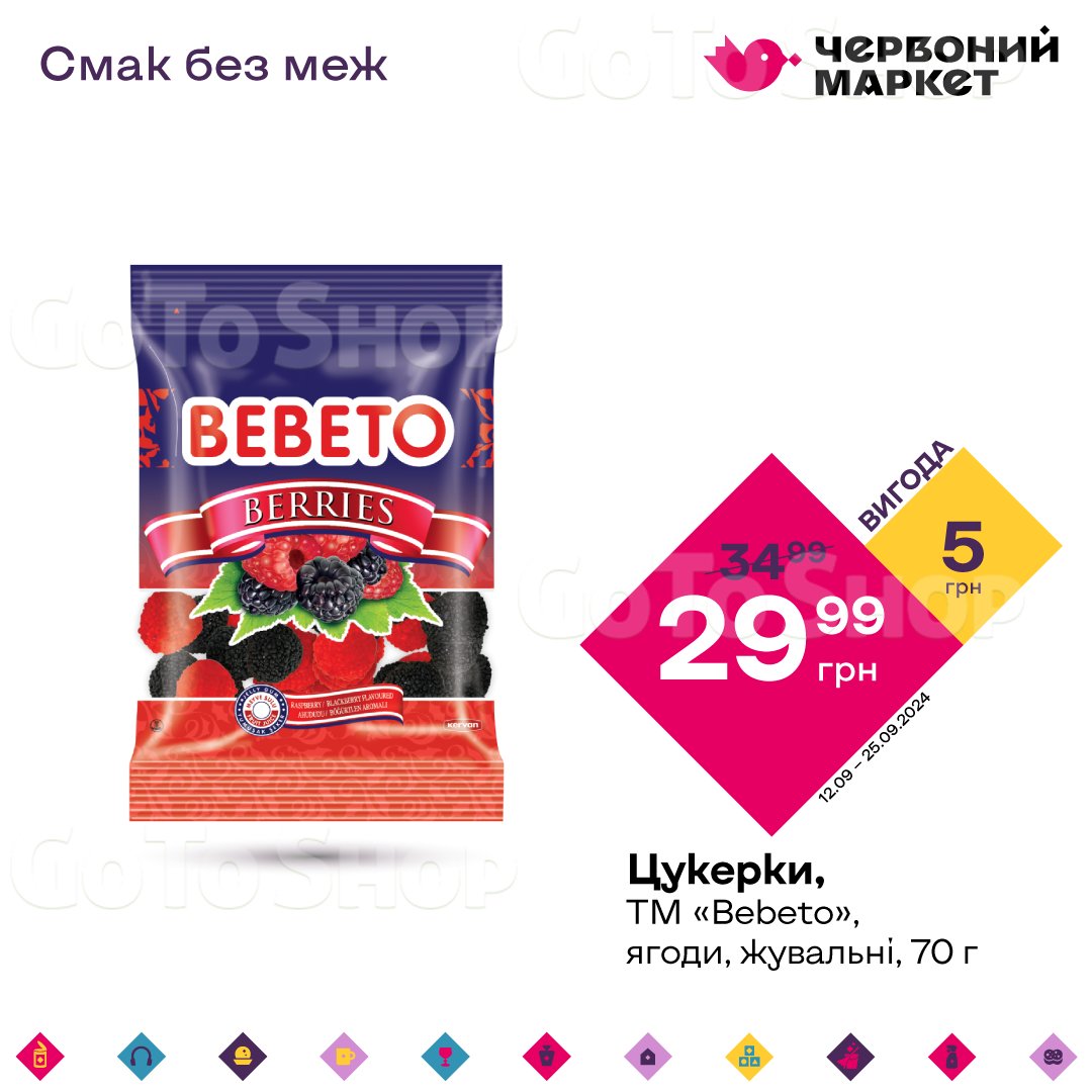 Цукерки, ТМ «Bebeto», ягоди, жувальні, 70 г