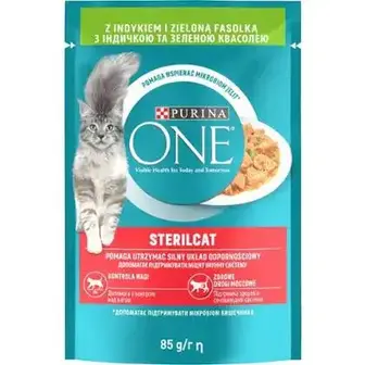 Вологий корм PURINA ONE Sterilcat для дорослих котів після стерилізації шматочки в соусі з індичкою та зеленою квасолею 85 г