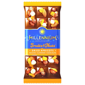 Шоколад молочний Millennium Fruits & Nuts з мигдалем, фундуком, курагою і родзинками, 90 г