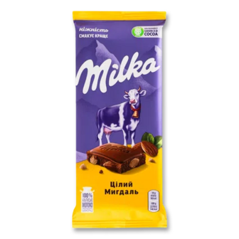 Шоколад молочний Milka з цілим мигдалем, 90г