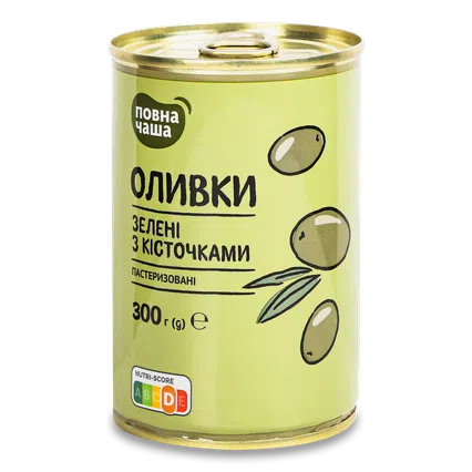 Оливки «Повна Чаша»® зелені з кісточкою пастеризовані, 300г