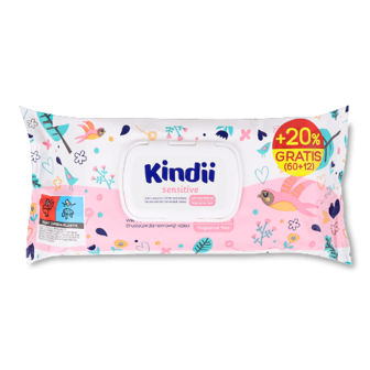 Серветки вологі Kindii Sensitive дитячі + 20% 60шт