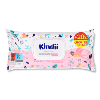 Серветки вологі Kindii Sensitive дитячі + 20% 60шт