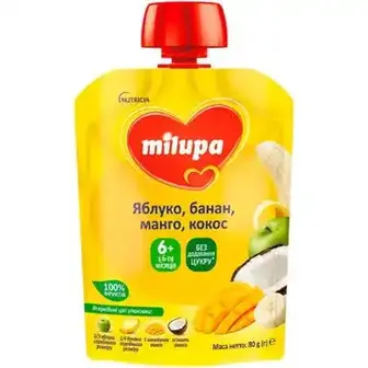 Пюре Milupa для дітей від 6 місяців фруктове яблуко, банан, манго, кокос 80 г 