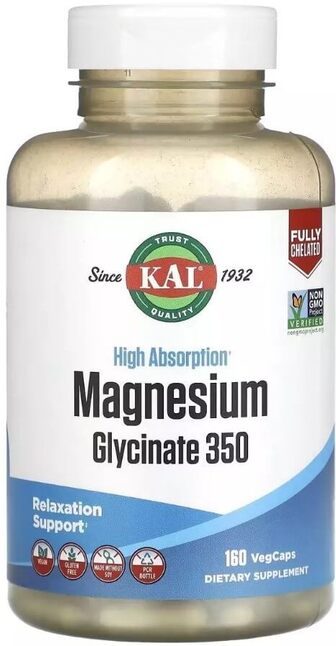 Магній Гліцинат високої засвоюваності, 350 мг, High Absorption Magnesium Glycinate, KAL, 160 вегетаріанських капсул