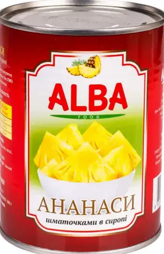 Ананас ALBA FOOD шматочки в сиропі з/б 340г/565г