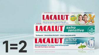 Купуй будь-яку одиницю зубної пасти Lacalut Extra Sensitive/White Alpenminze або  Lacalut для дітей 4-8 років, 50 мл та отримуй другу одиницю у подарунок*!