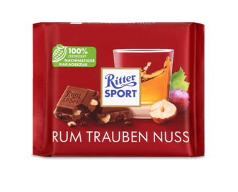 Шоколад молочний Ritter Sport з ямайським ромом, родзинками та горіхами