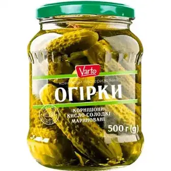 Огірки корнішони Varto мариновані кисло-солодкі 500 г