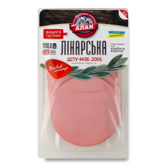 Ковбаса Алан Лікарська варена в/ґ, нарізка (100г)