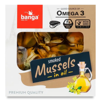 Мідії Banga копчені в олії, прозора кришка (120г)