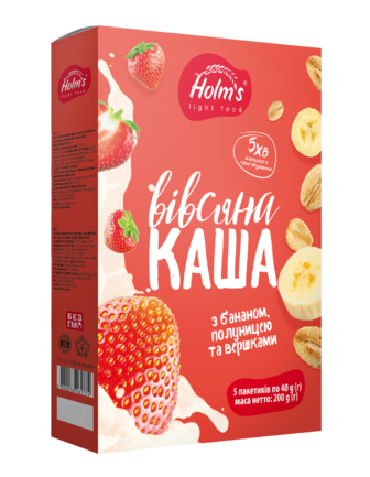 Каша HOLM"S LIGHT FOOD Вівсяна з Бананом, Полуницею та вершками швидкого приготування 5*40г/200г