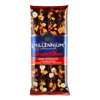 Шоколад чорний Millennium Fruits & Nuts з мигдалем, лісовими горіхами, цукатами та родзинками, 90г