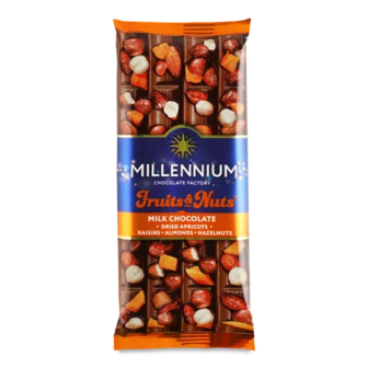 Шоколад молочний Millennium Fruits & Nuts з мигдалем, лісовими горіхами, курагою та родзинками, 90г