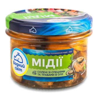 Мідії Водний світ солені зі спеціями та травами в олії (170г)