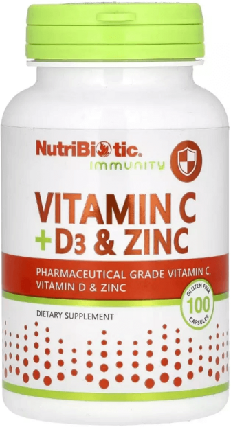 Вітамін C, D3 та цинк, Immunity, Vitamin C, D3 & Zinc, NutriBiotic, 100 капсул