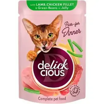 Корм для котів Delickcious з ягням, курчам та квасолею в желе 85 г