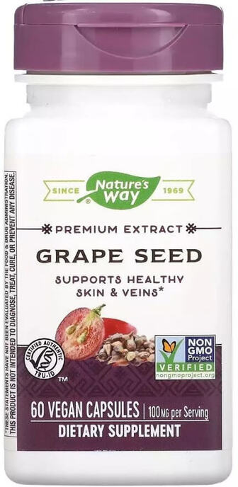 Екстракт виноградних кісточок преміум-класу, 100 мг, Premium Extract, Grape Seed, Nature's Way, 60 вегетаріанських капсул