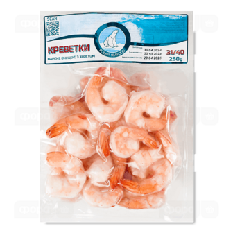 Креветки Polar Seafood варено-морожені чищені з хвостом 31-40 (250г)