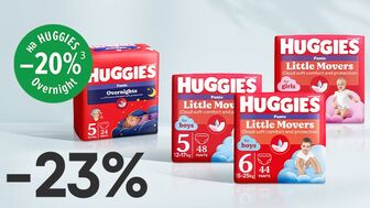 Купуй підгузки-трусики Huggies Little Movers Pants разом з нічними підгузками-трусиками Huggies Overnight зі знижкою 23% та отримуй -20% на нічні підгузки-трусики Huggies Overnight додатково!