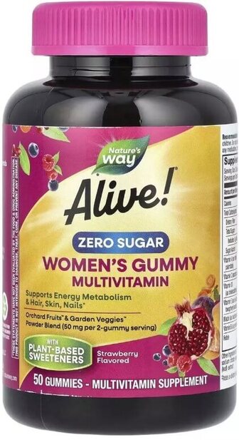 Мультивітаміни для жінок, без цукру, смак полуниці, Alive! Women's Gummy Multivitamin, Nature's Way, 50 жувальних цукерок