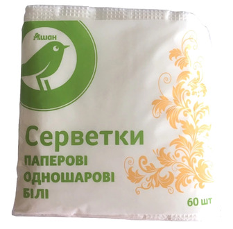Серветки паперові одношарові білі Auchan, 24х24см, 60шт.