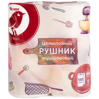 Рушник целюлозний Auchan тришаровий, 150 відривів, 2 шт.