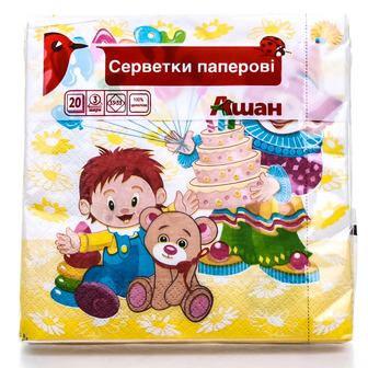 Серветки целюлозні Auchan дитячі, 33х33 см, 20 шт