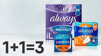 1+1=3 на тампони TAMPAX, щоденні прокладки або прокладки для критичних днів Always у будь-якій комбінації*!