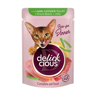 Корм для котів Delickcious Шматочки з ягнятиною, курячим філе і квасолею спаржевою в желе 85 г (4820269143142)