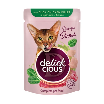 Корм для котів Delickcious Шматочки з качкою, курячим філе і шпинатом в соусі 85 г (4820269143142)