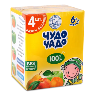 Сік Чудо-Чадо яблуко-абрикос, яблуко, яблуко-персик, яблуко-груша (4*200мл)