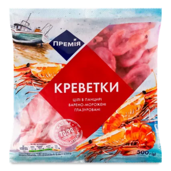 Креветки «Премія»® глазуровані неочищені варено-морожені 70/90, 500г (500г)