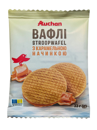 Вафлі Auchan Stroopwafel з карамельною начинкою 33 г (4823090135874)