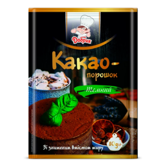 Какао-порошок зі зниженим вмістом жиру темний Добрик, 80 г