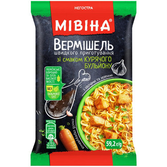 Вермішель швидкого приготування Мівіна зі смаком курячого бульйону з овочами та зеленню негостра  59.2 г (8445290708489)