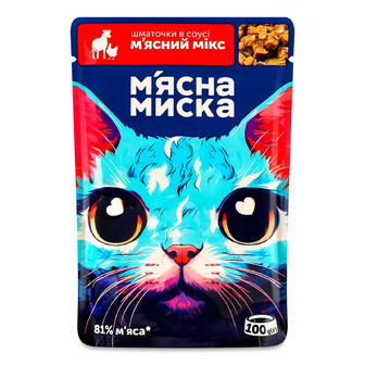 Корм вологий для дорослих котів М'ясна Миска шматочки в соусі М'ясний мікс 100 г (4820255192406)