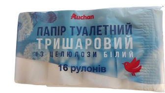 Туалетний папір Auchan тришаровий 16 рулонів
