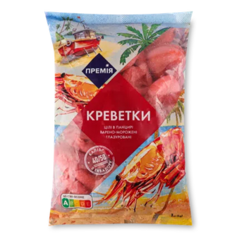 Креветки «Премія»® в панцирі глазуровані варено-морожені 40/50, 1кг (1кг)