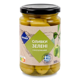 Оливки «Премія»® зелені цілі з кісточкою в розсолі, 300г (300г)