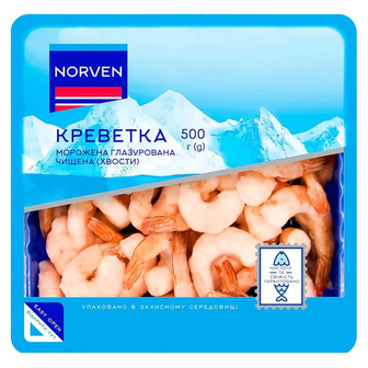 Креветки Norven варено-морожені чищені хвости 500 г (4820224234755)