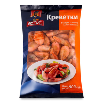 Креветки Esva нерозібрані глазуровані 70/90 з головою варено-морожені 900 г (4770190073349)