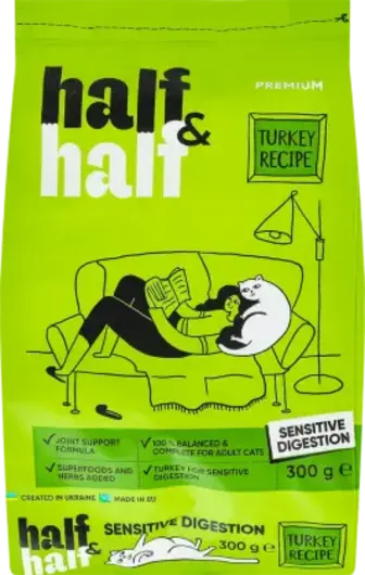 Сухий корм для котів із чутливим травленям Half&Half з індичкою 300 г