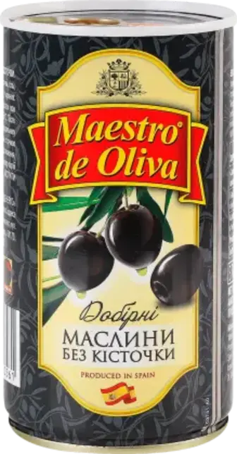 Маслини Maestro De Oliva чорні відбірні без кісточки 360 г