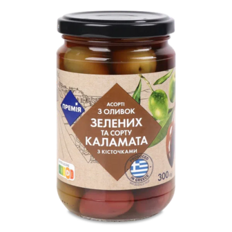 Асорті зелених оливок і каламата «Премія»® з кісточою (300г)