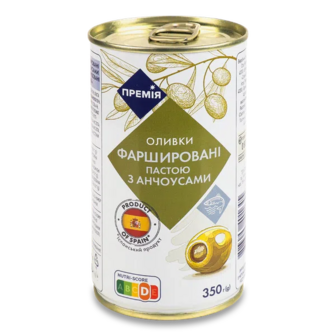 Оливки «Премія»® зелені фаршировані з анчоусом (350г)
